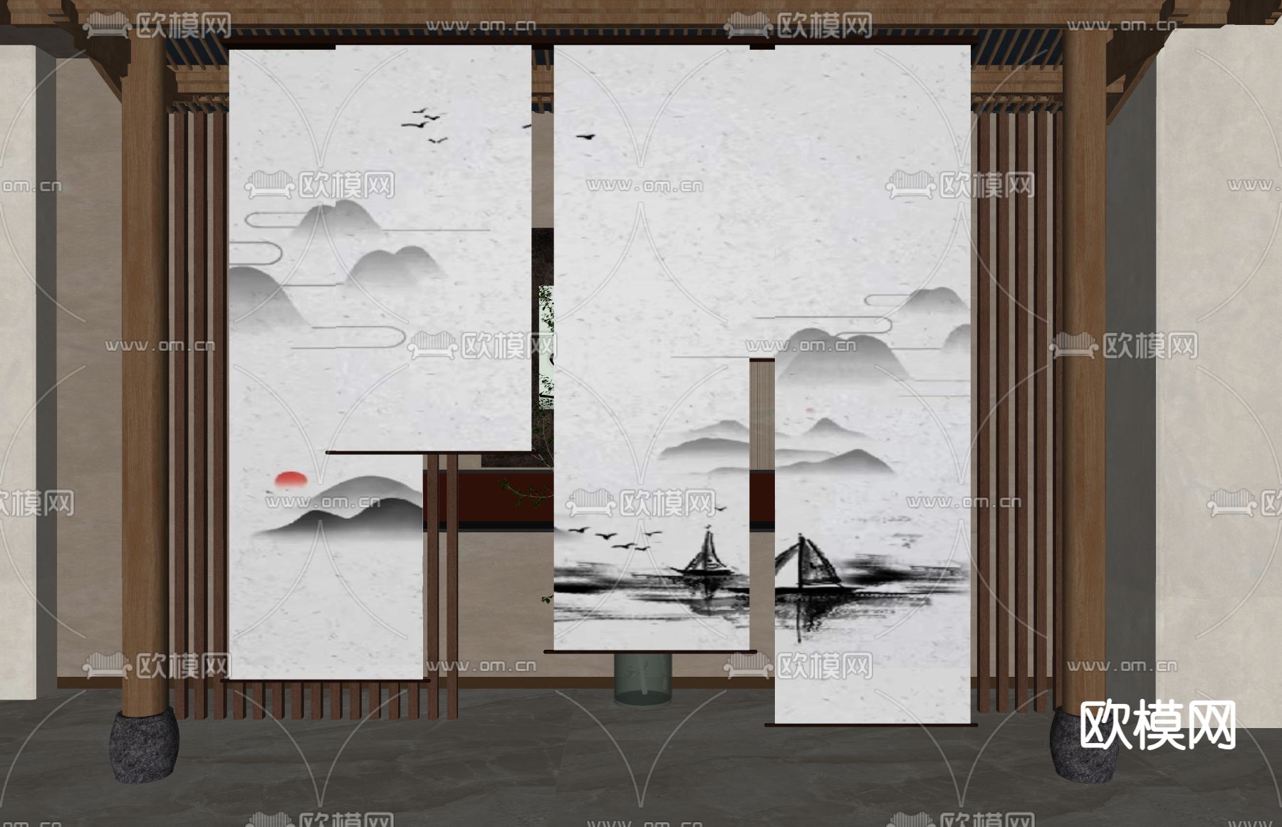 新中式隔断su模型下载（渲染图1）