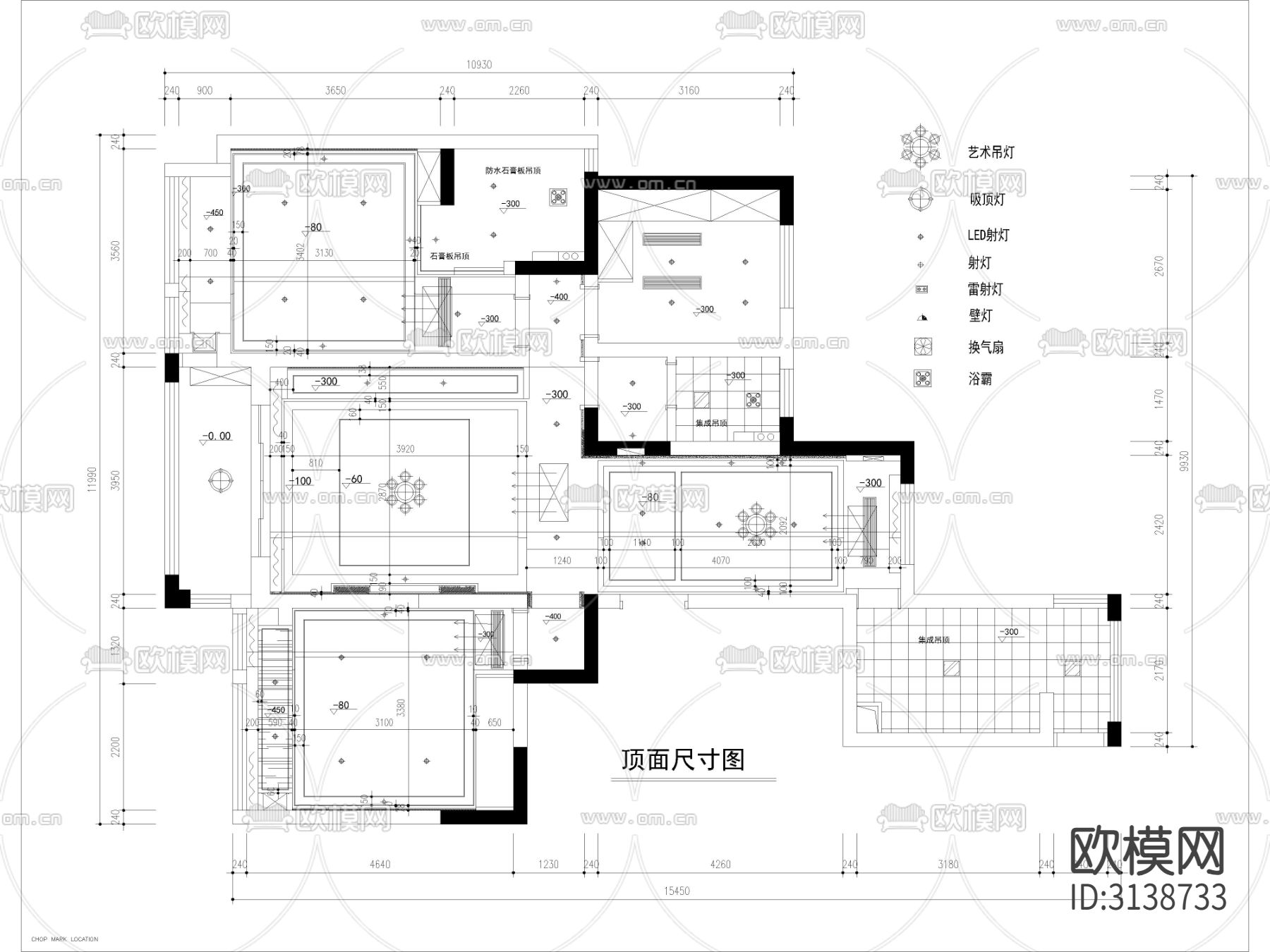 现代家装全套施工图 平面布置图 水电路图 顶面造型吊顶图cad施工图下载（渲染图3）