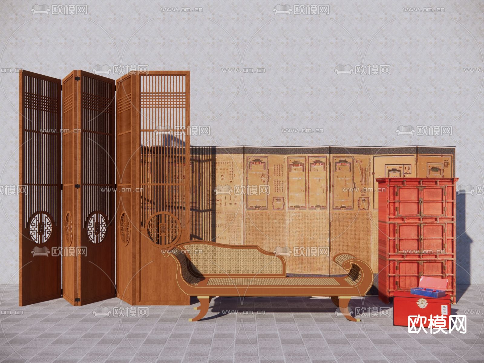 中式屏风 贵妃椅su模型下载（渲染图2）
