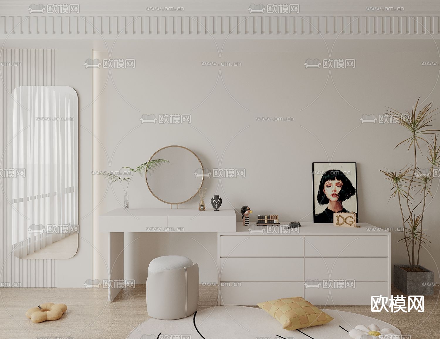 奶油风梳妆台 化妆桌3d模型下载