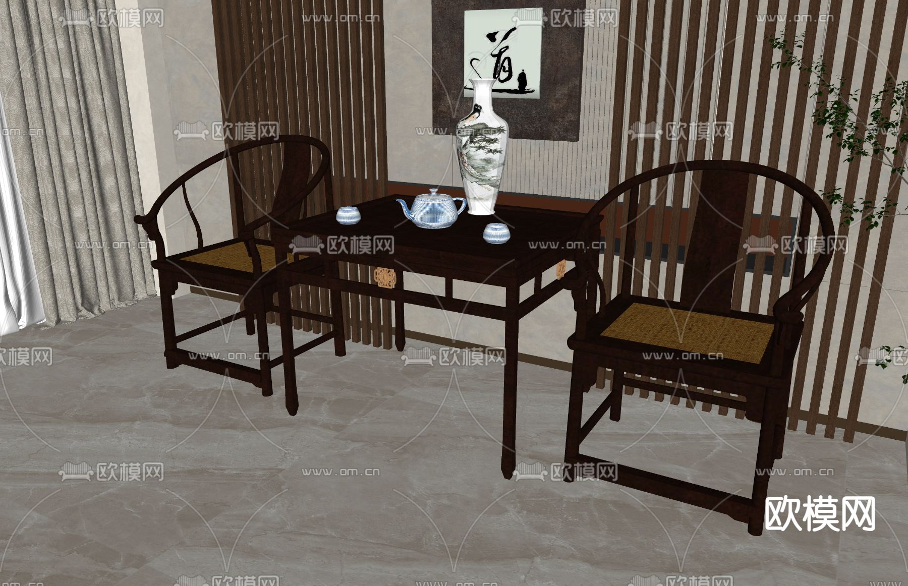 新中式休闲茶桌椅su模型下载（渲染图1）