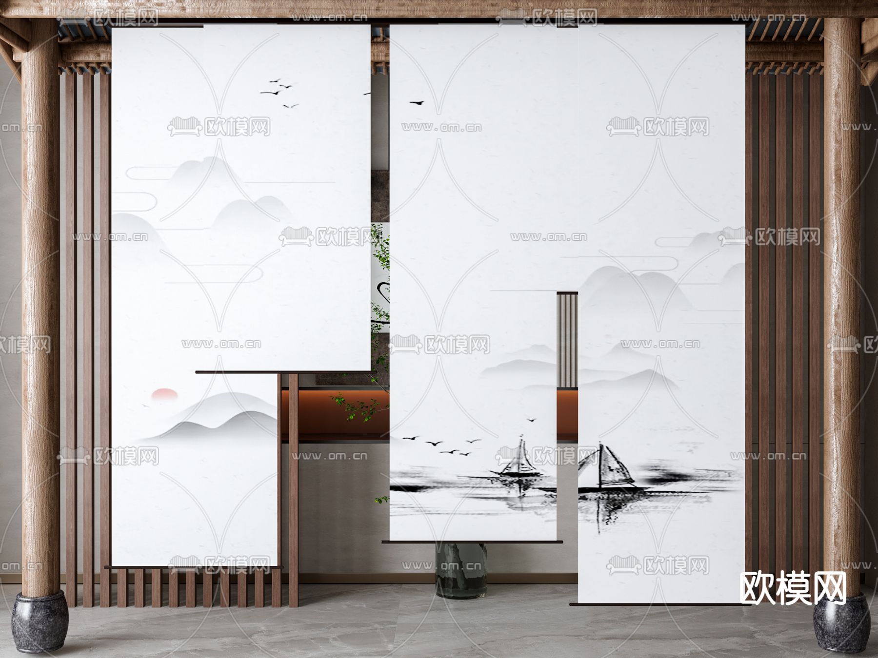 新中式隔断su模型下载（渲染图2）