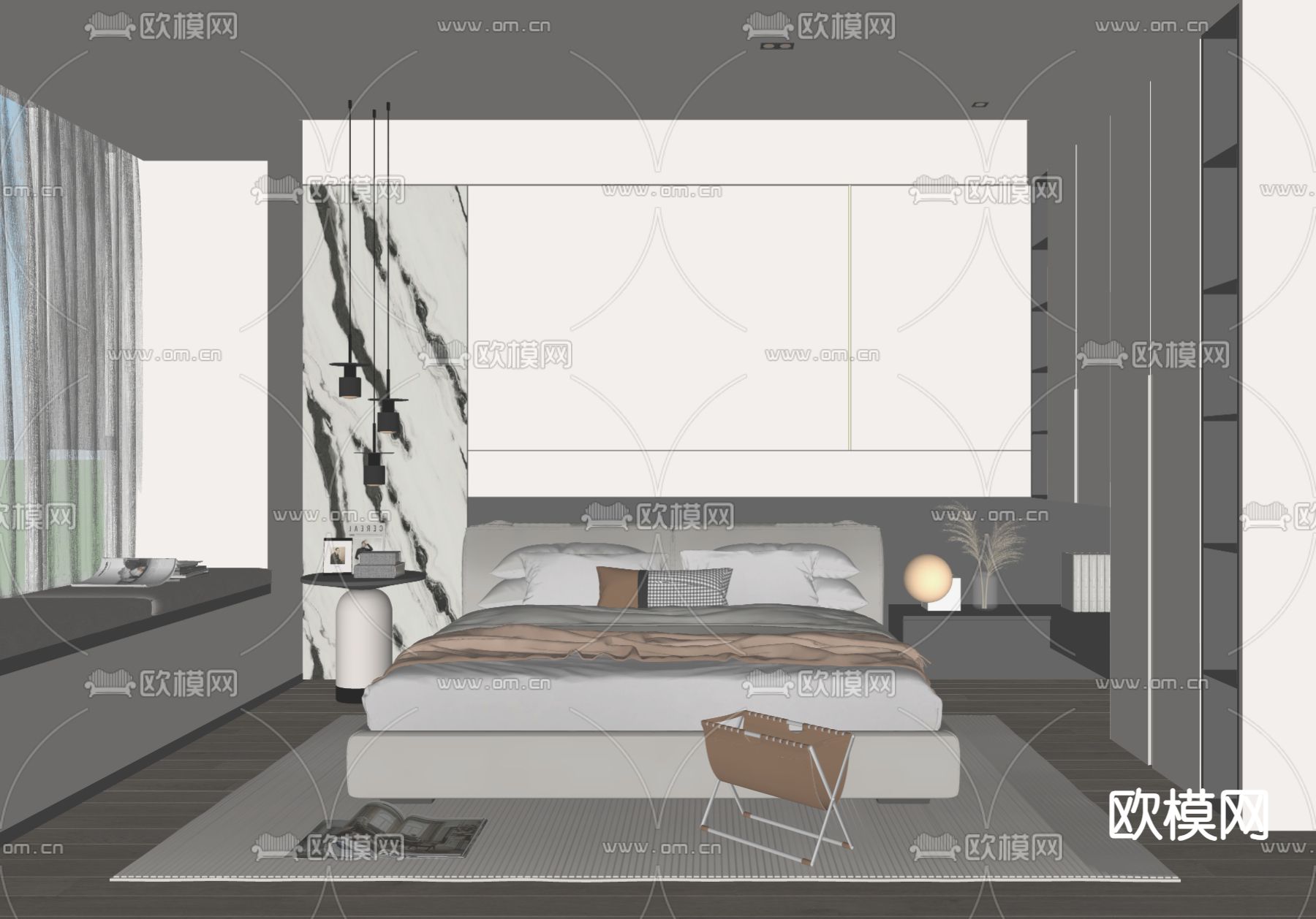 现代卧室 主人房su模型下载（渲染图1）