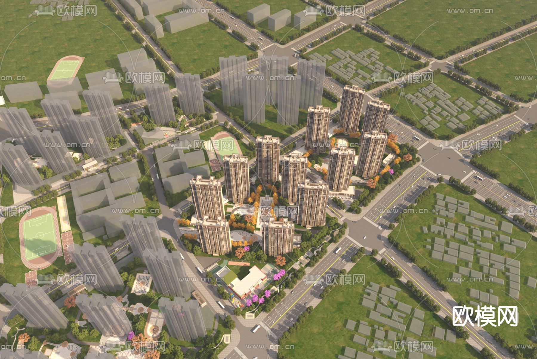 简欧住宅鸟瞰3d模型下载