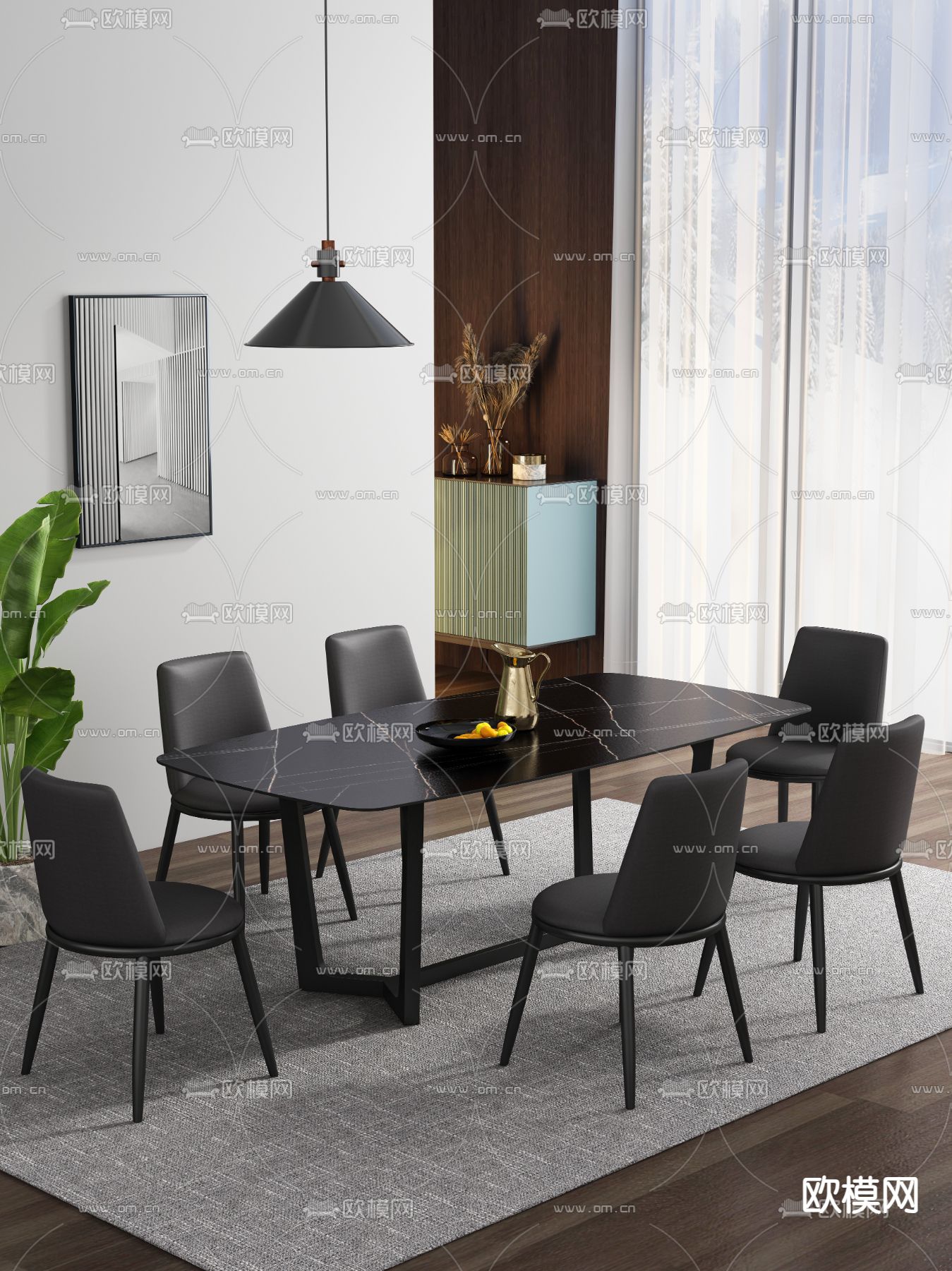 条形餐桌椅3d模型下载