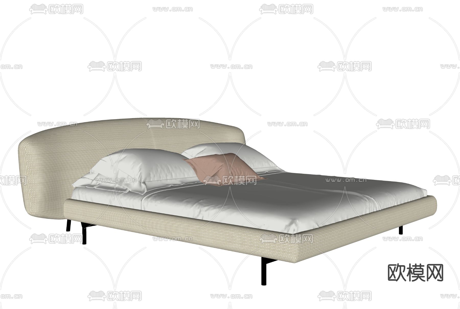 现代双人床su模型下载（渲染图1）