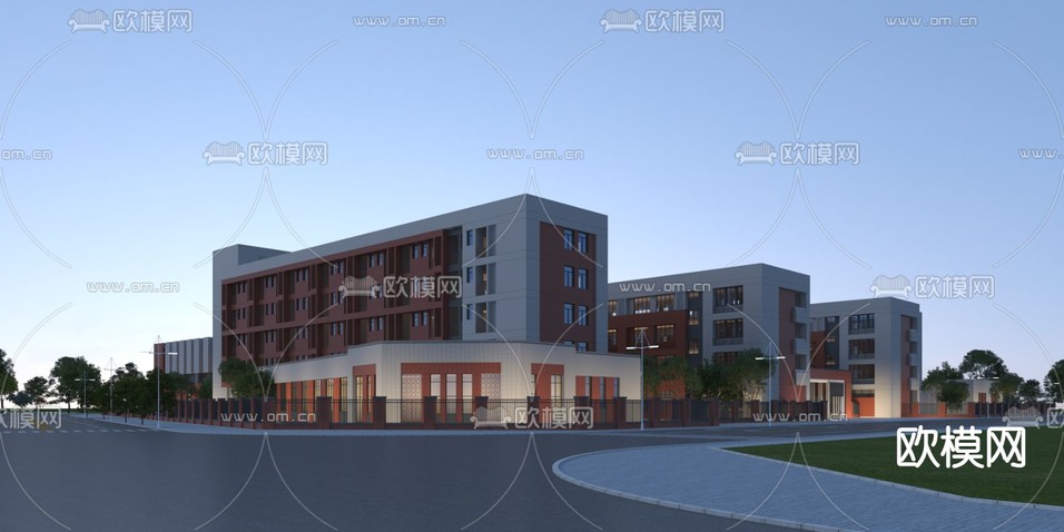 学校外观 夜景3d模型下载