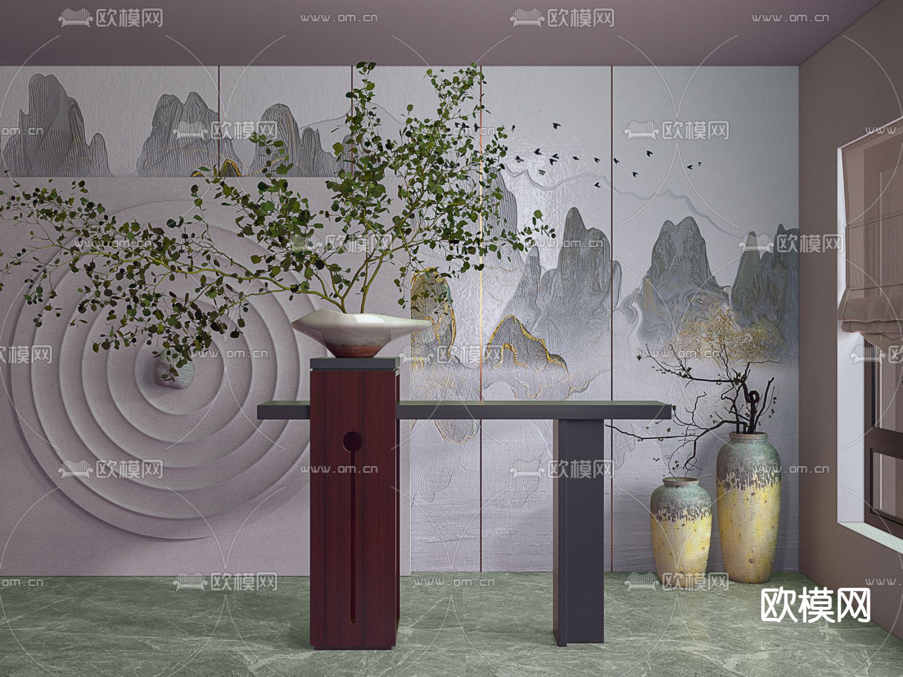 新中式端景台 条案3d模型下载