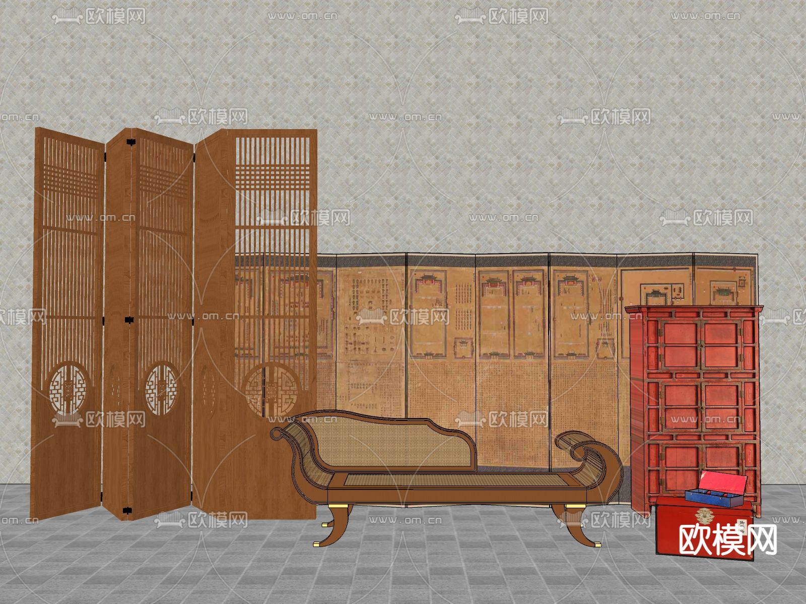 中式屏风 贵妃椅su模型下载（渲染图1）