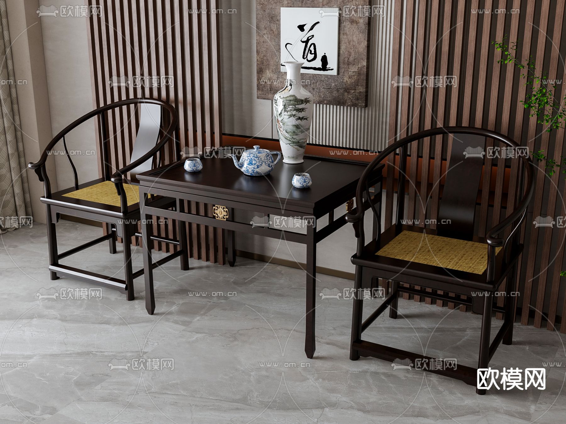 新中式休闲茶桌椅su模型下载（渲染图2）