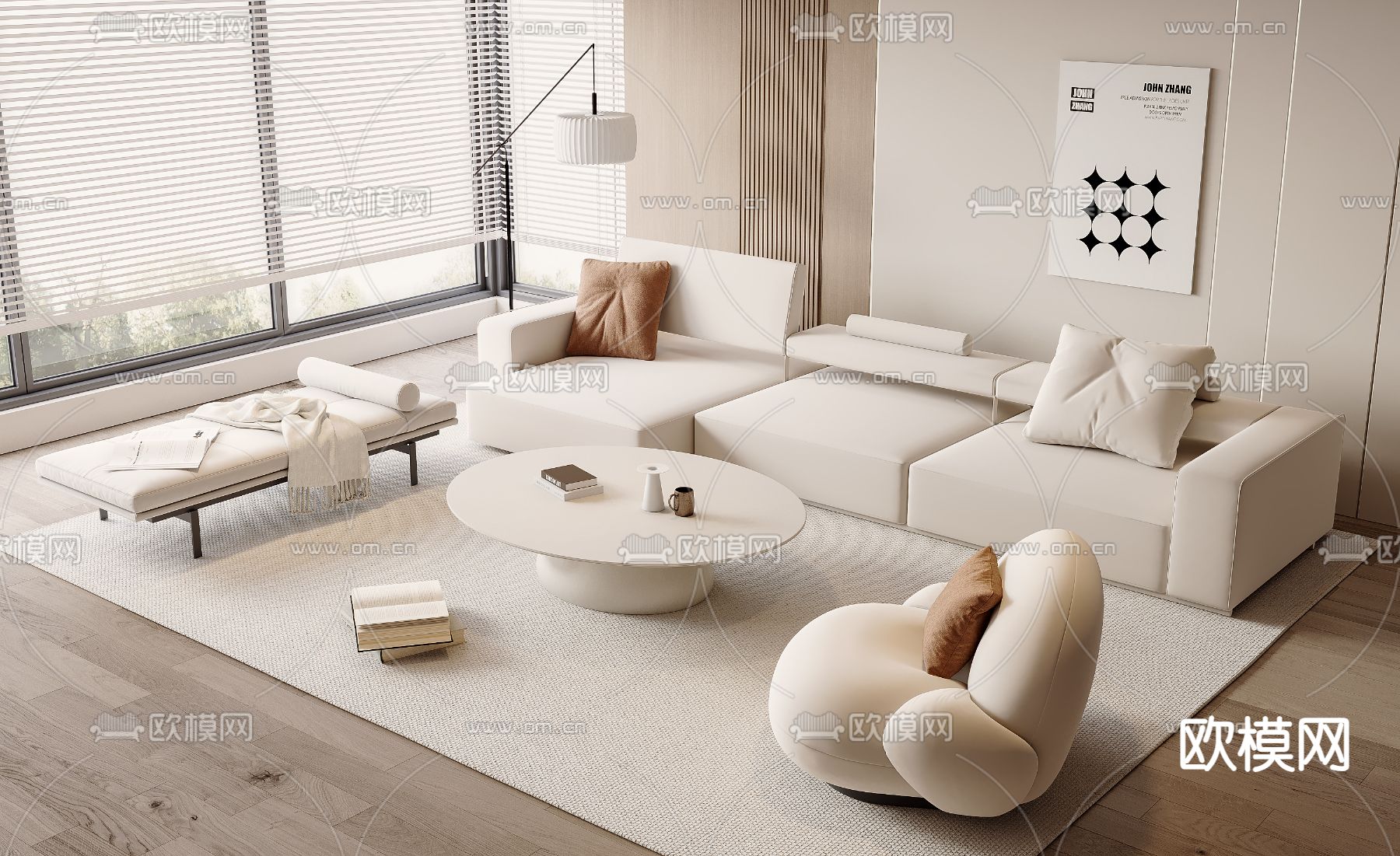 奶油风组合沙发su模型下载（渲染图2）