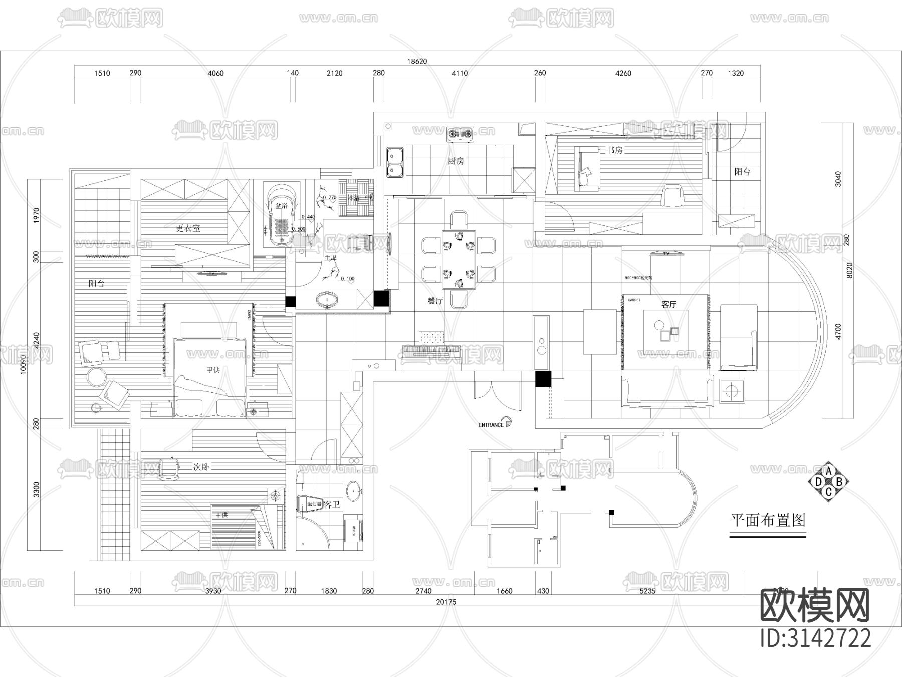 现代家装 大平层样板间cad施工图下载（渲染图1）