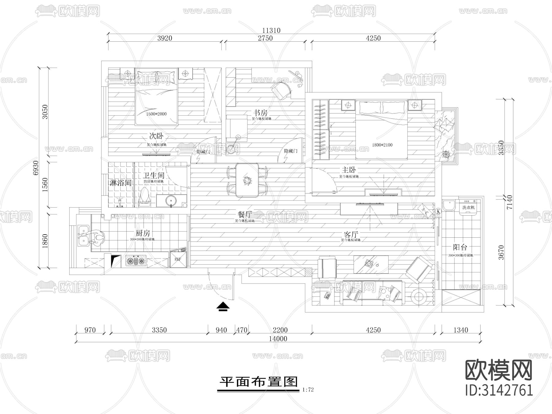 现代家装 大平层样板间cad施工图下载（渲染图2）