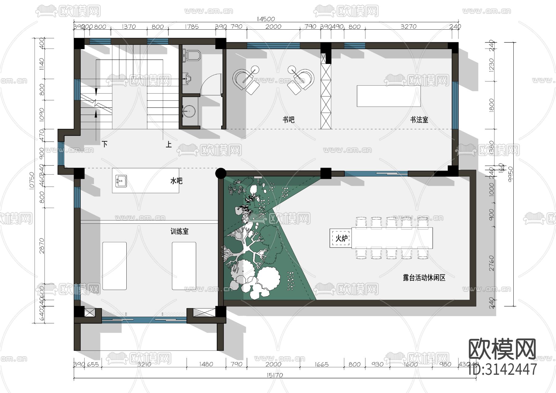 1200平方米度假民宿酒店cad平面图下载（渲染图5）