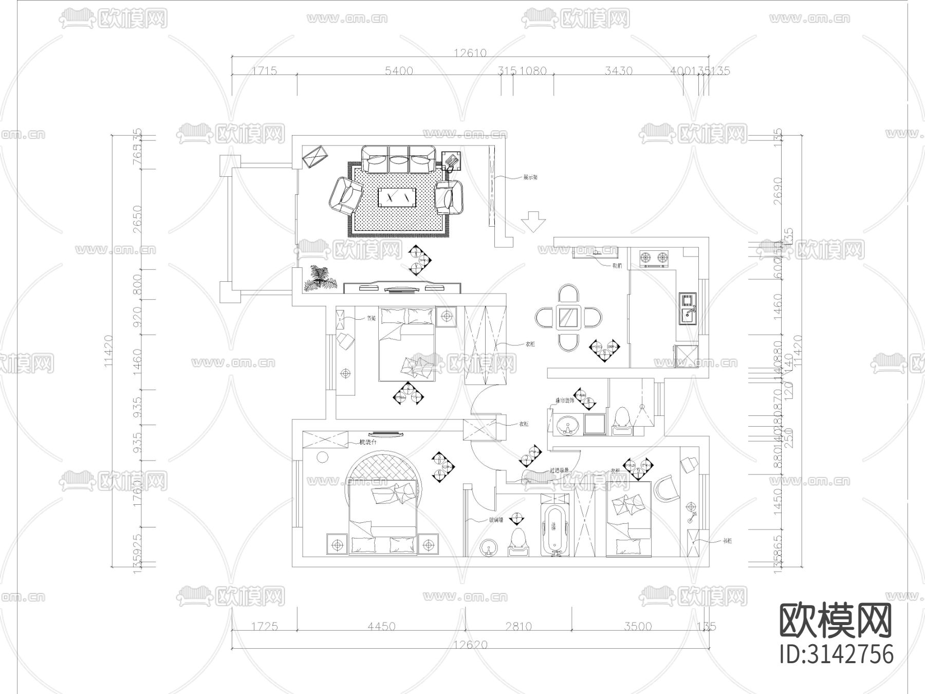 现代家装 大平层样板间cad施工图下载（渲染图1）
