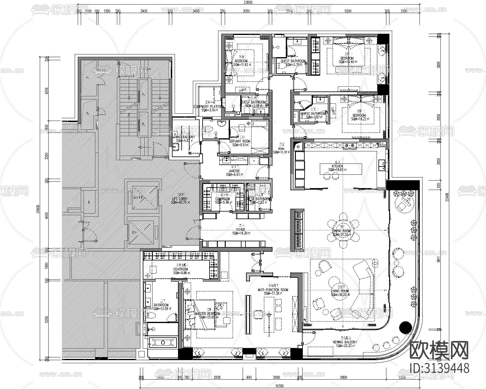 【WJID维几·黄全】长沙旭辉铂悦湘江350㎡精装修CAD施工图下载（渲染图1）