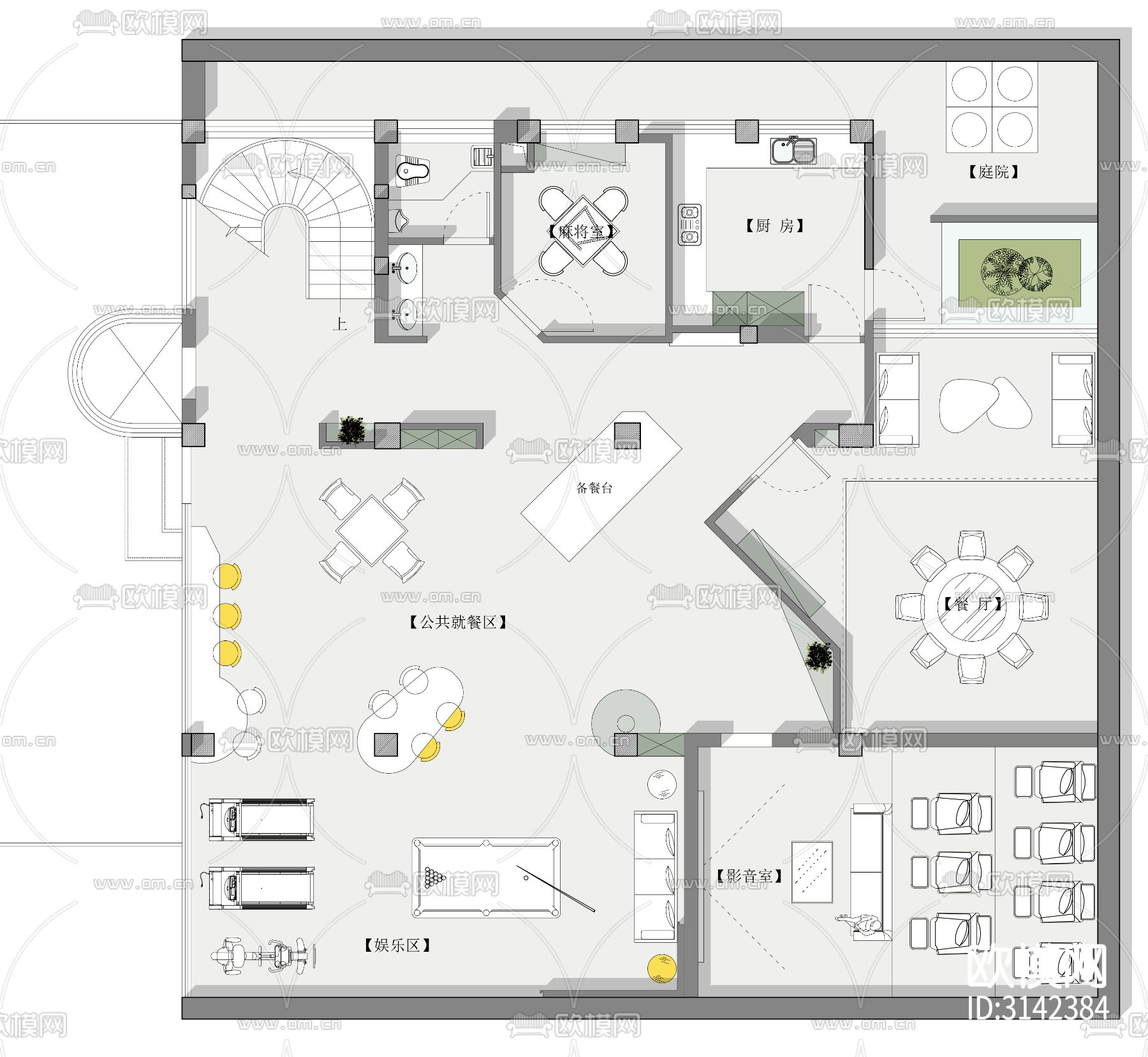 2000平方米民宿室内cad平面图下载（渲染图1）