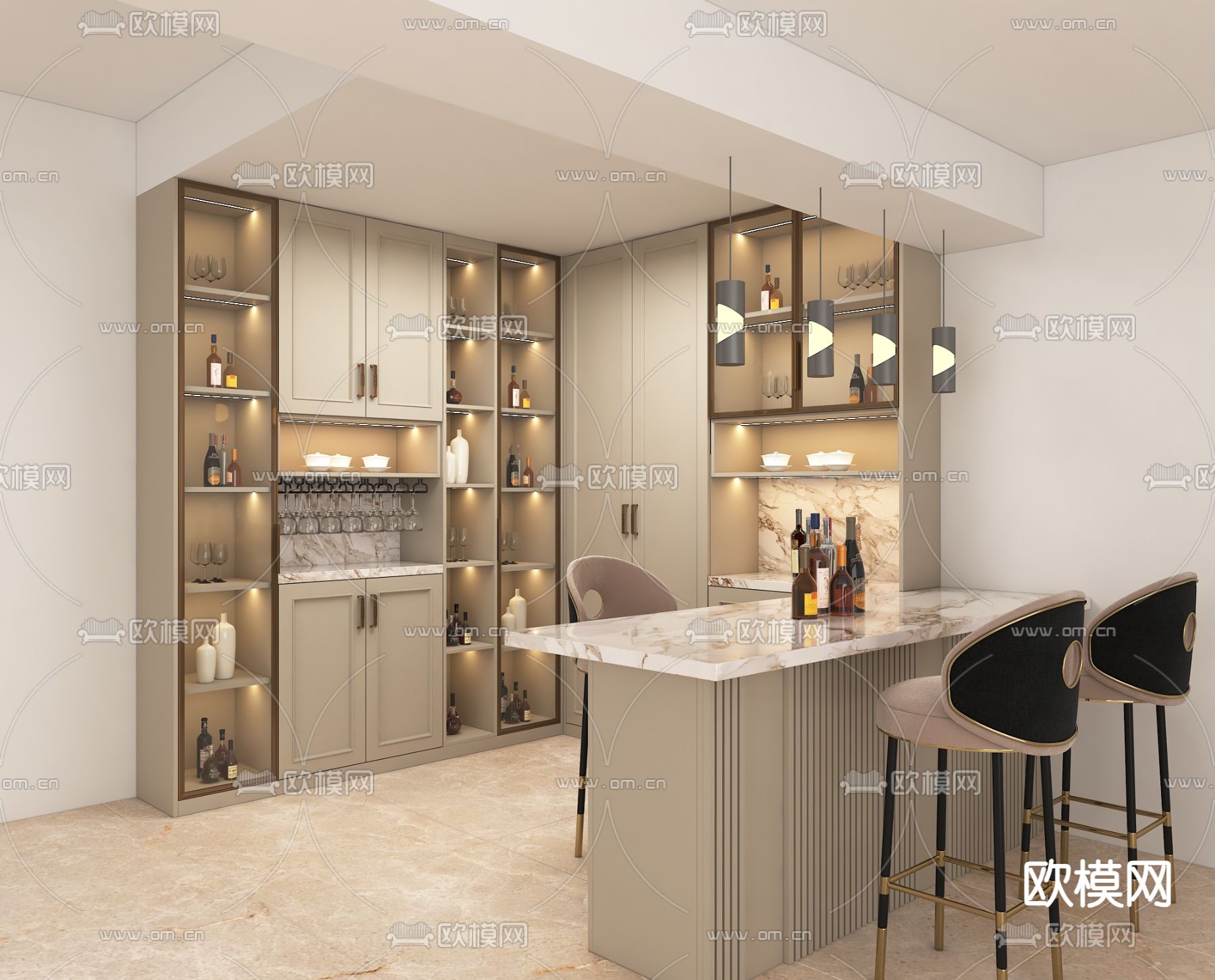 轻奢吧台 酒柜3d模型下载