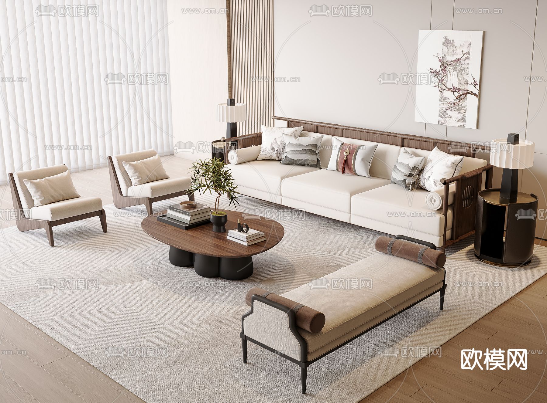 新中式软体沙发 布艺沙发 沙发组合3d模型下载