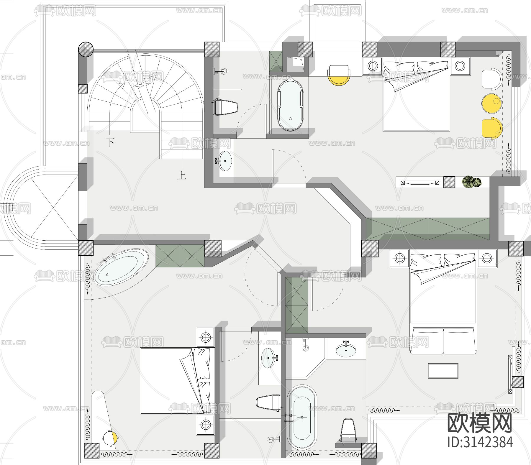 2000平方米民宿室内cad平面图下载（渲染图4）