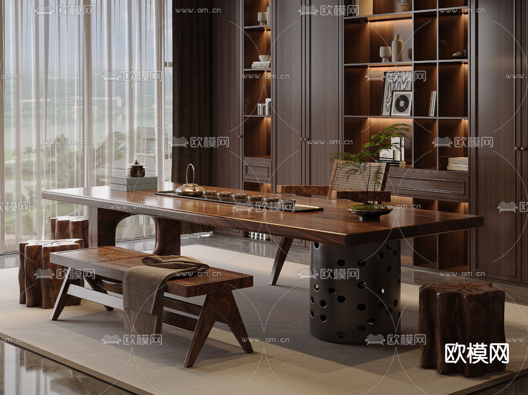 新中式茶桌椅 泡茶桌3d模型下载（渲染图1）