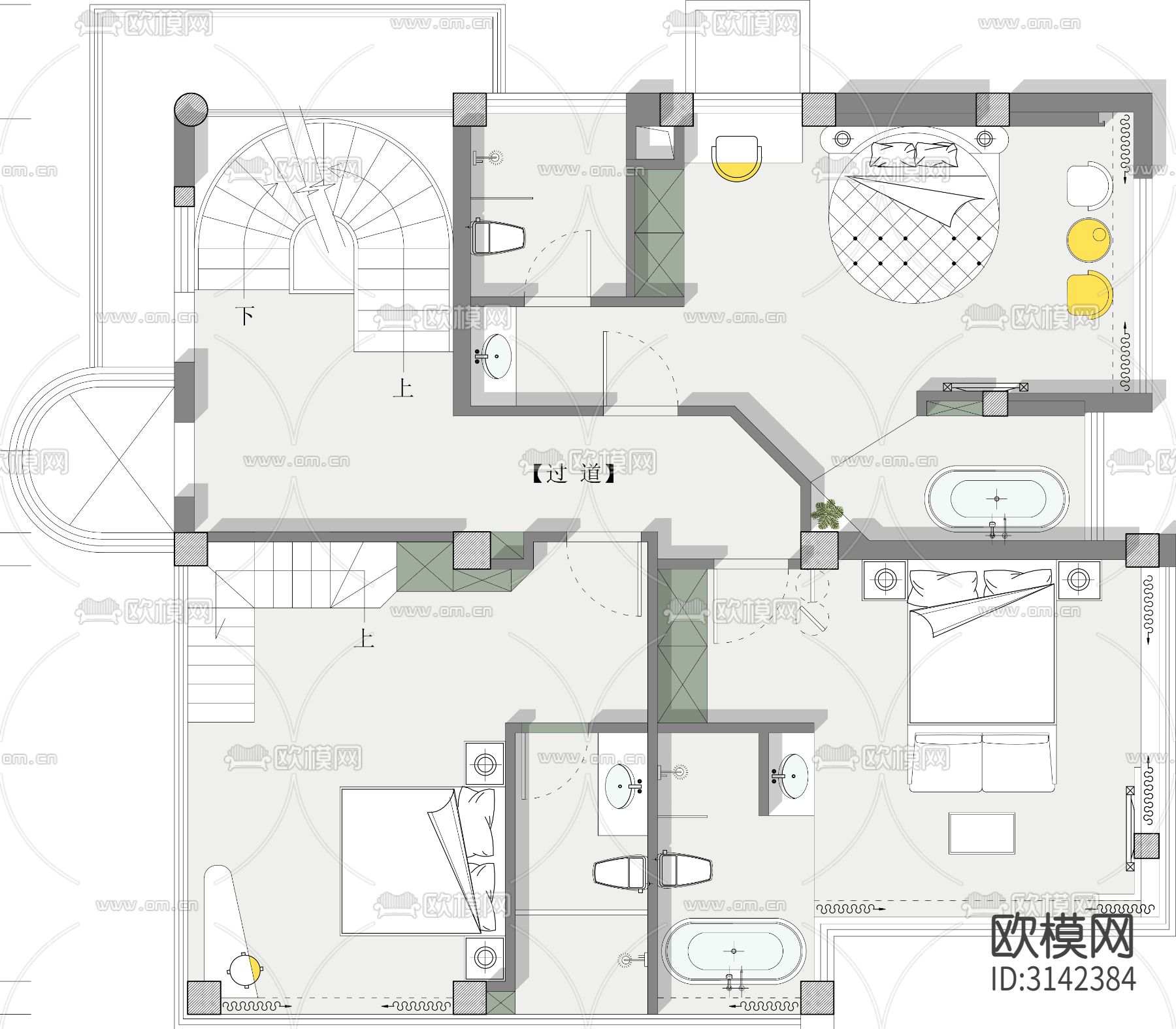2000平方米民宿室内cad平面图下载（渲染图5）
