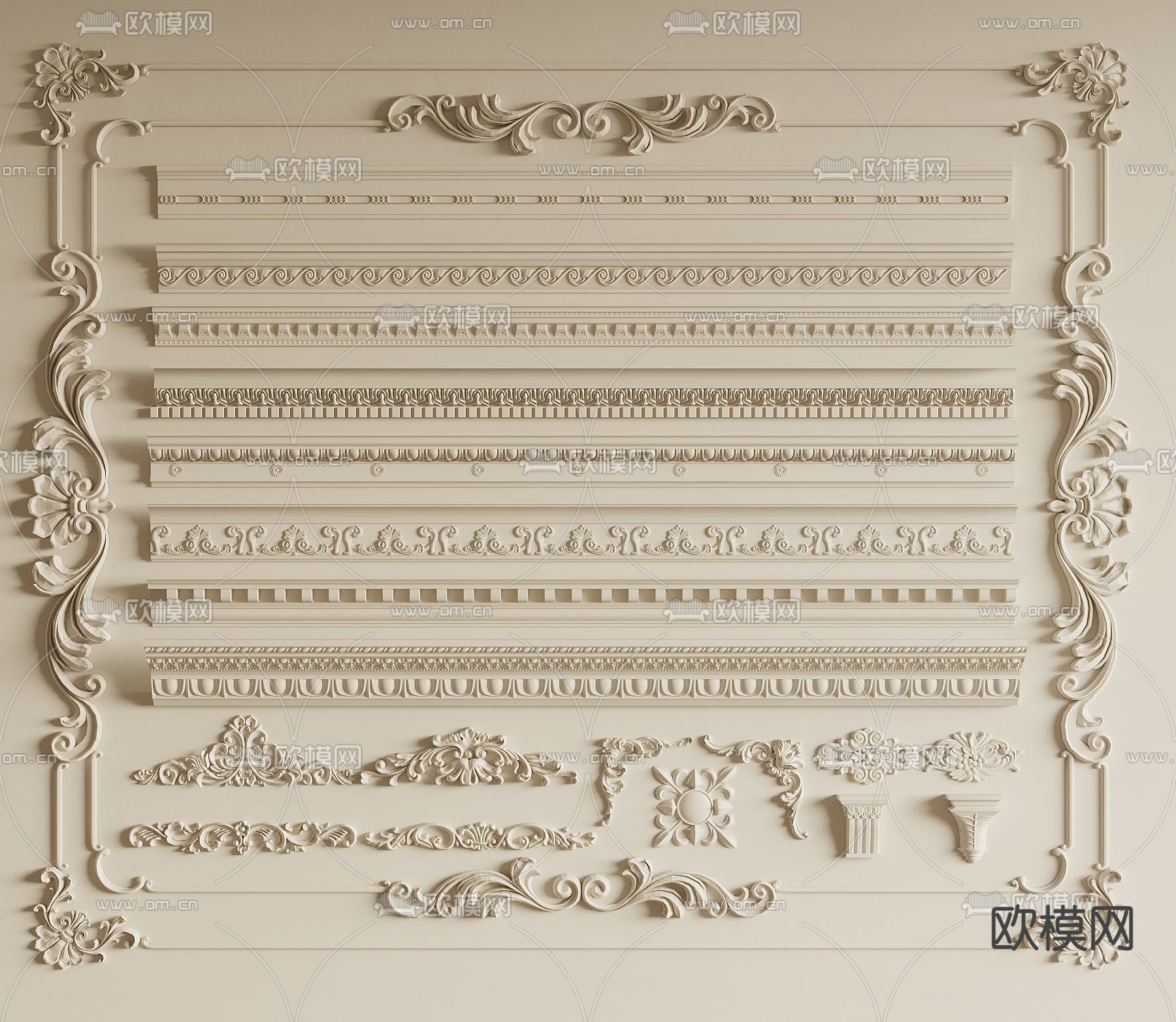 法式石膏线 雕花线条 角线3d模型下载