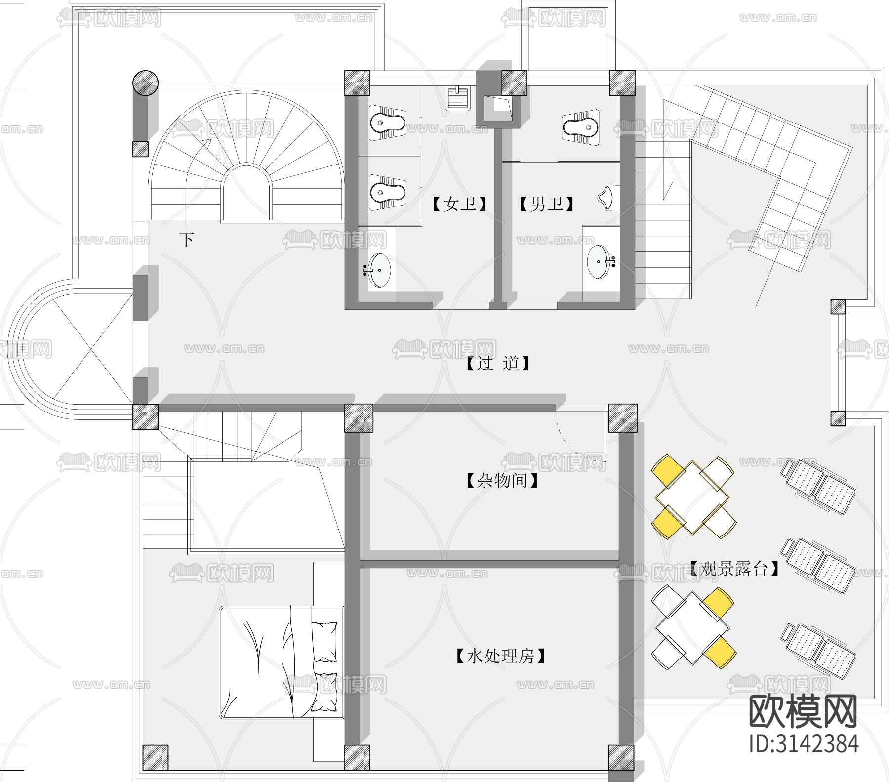 2000平方米民宿室内cad平面图下载（渲染图6）