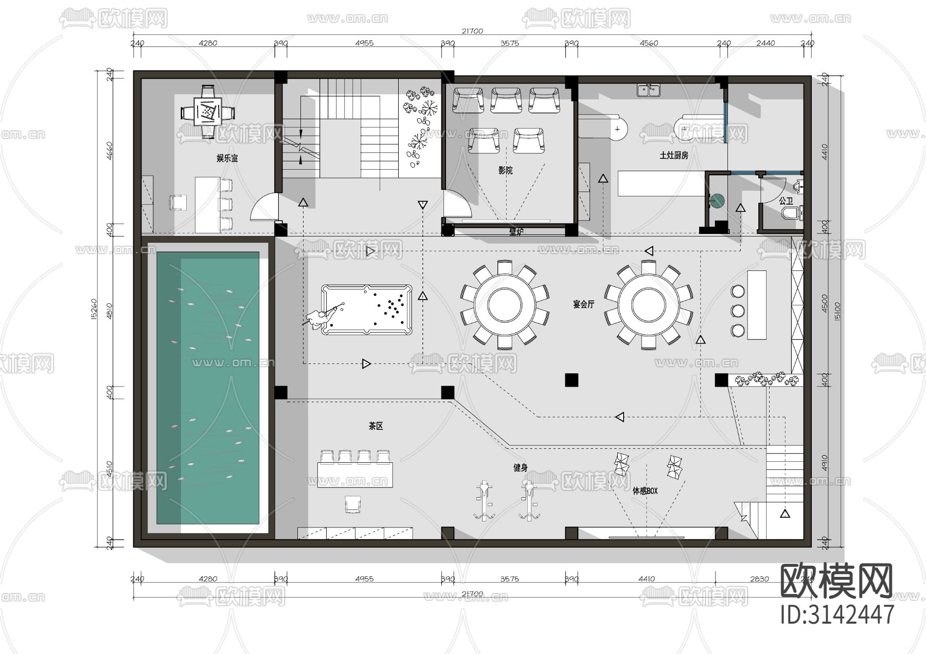 1200平方米度假民宿酒店cad平面图下载（渲染图2）