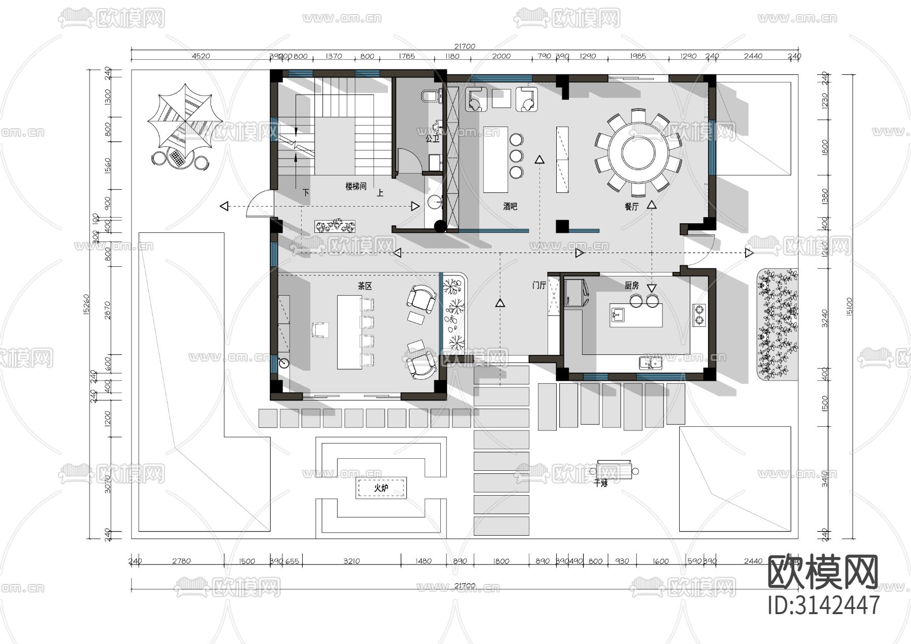 1200平方米度假民宿酒店cad平面图下载（渲染图1）