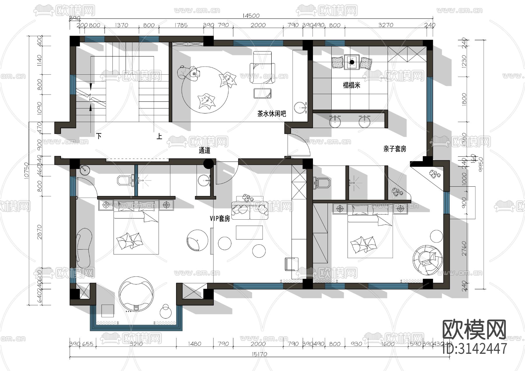 1200平方米度假民宿酒店cad平面图下载（渲染图4）