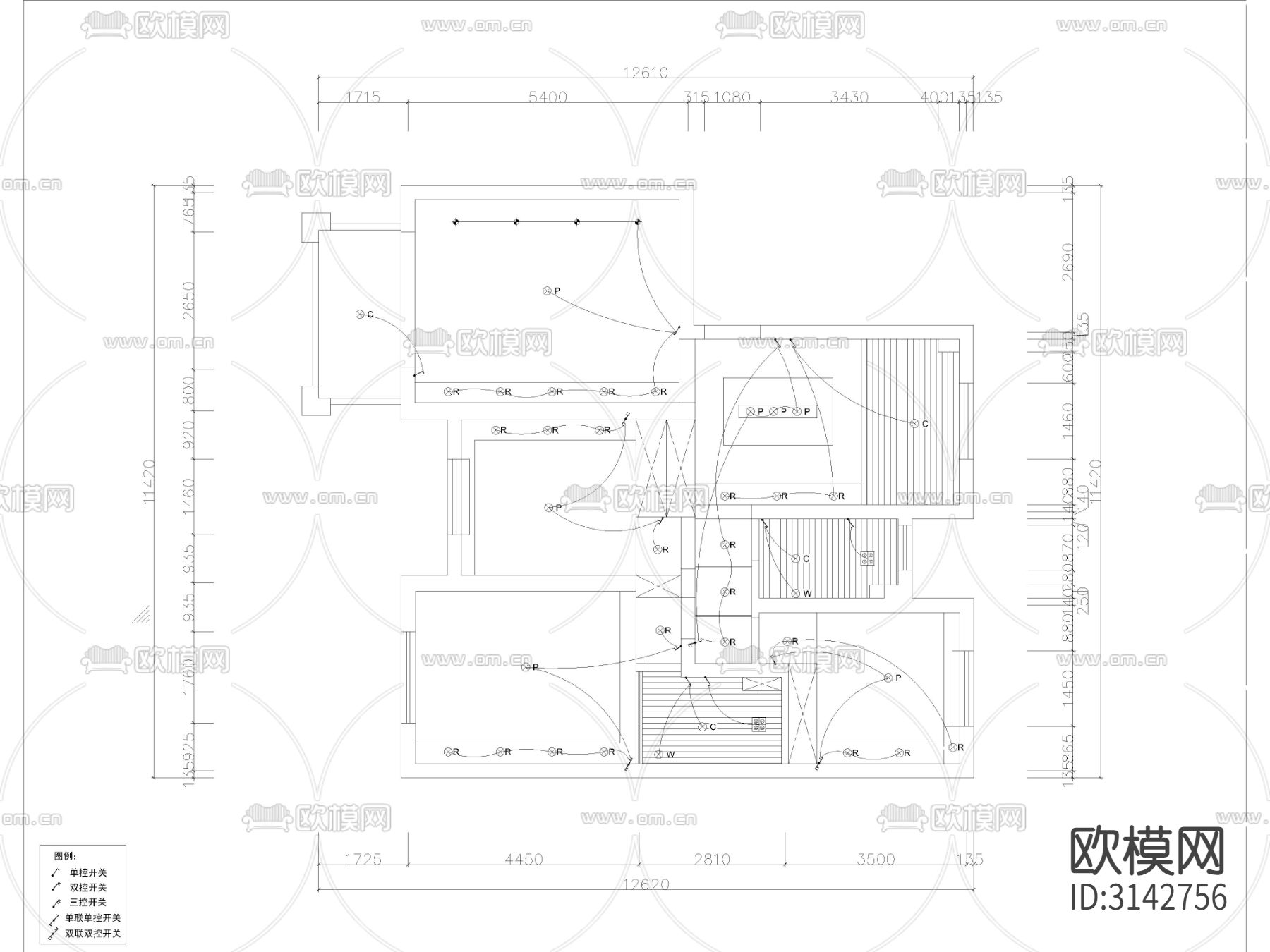 现代家装 大平层样板间cad施工图下载（渲染图2）