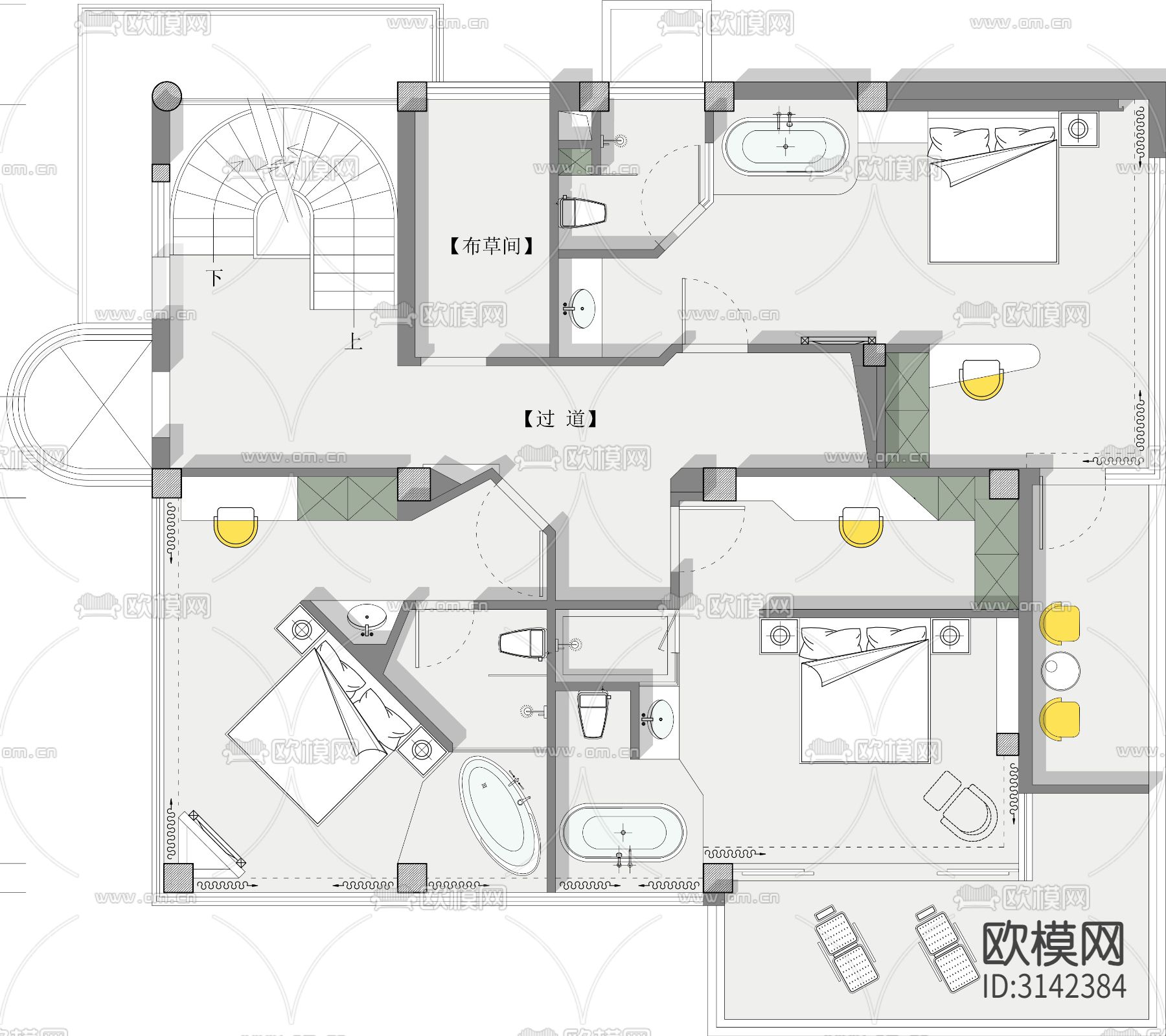2000平方米民宿室内cad平面图下载（渲染图3）