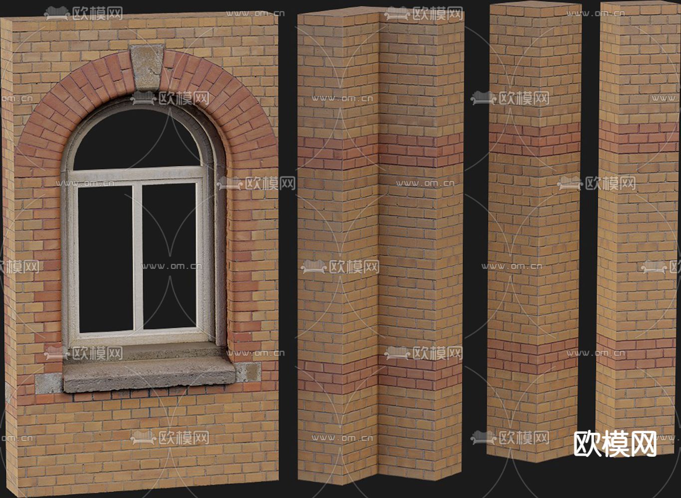 红砖 砖墙 文化砖 拱形窗3d模型下载