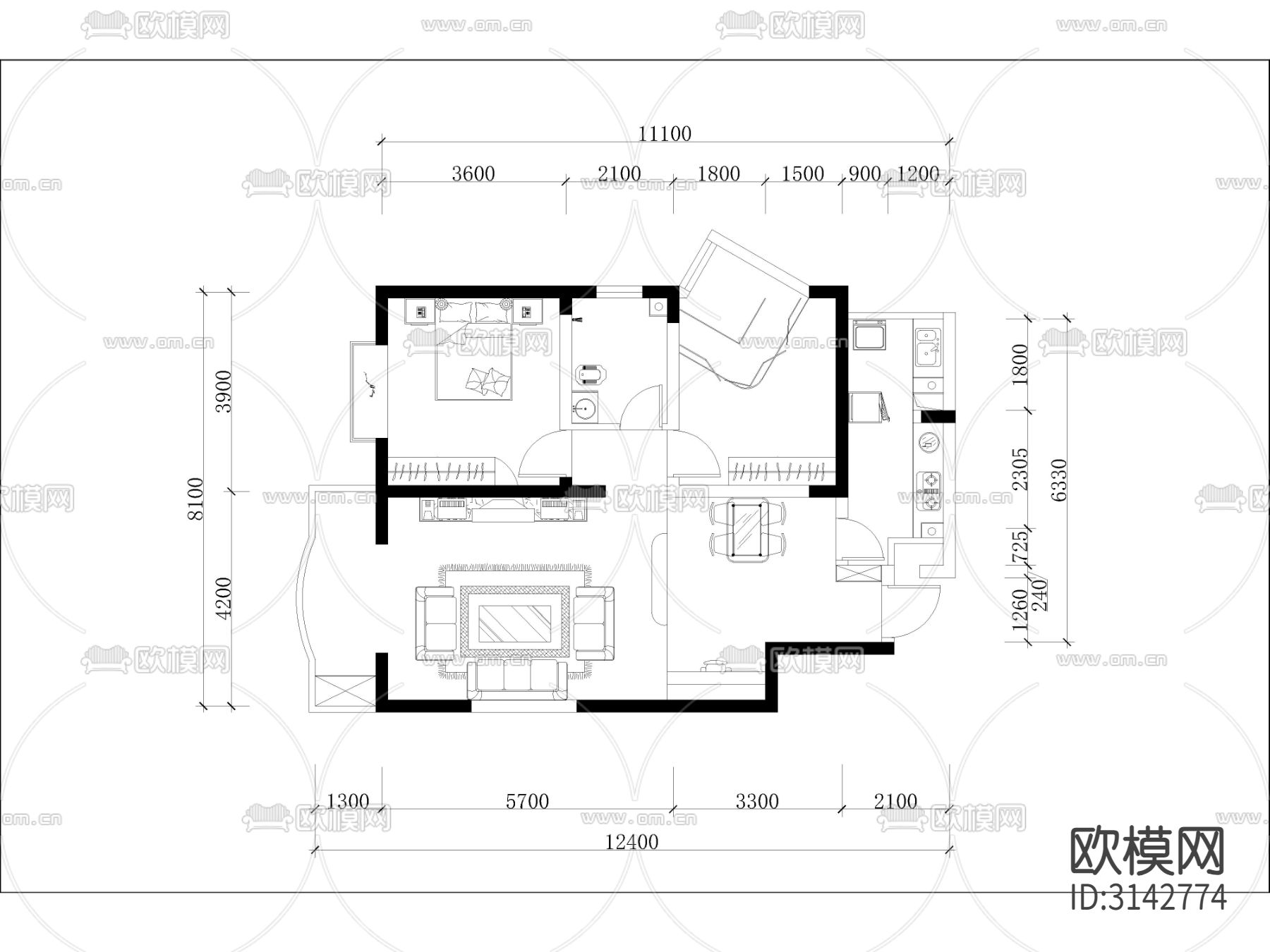 现代家装 大平层样板间cad施工图下载（渲染图1）
