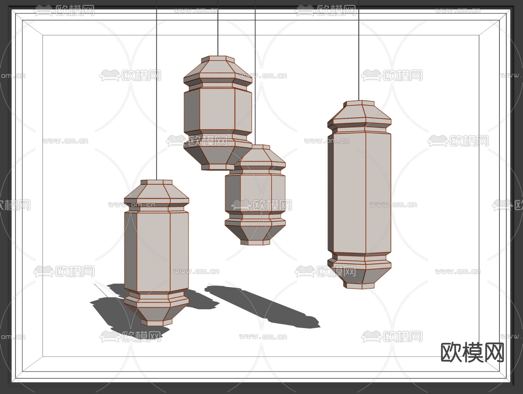 新中式六角灯笼 吊灯su模型下载（渲染图1）