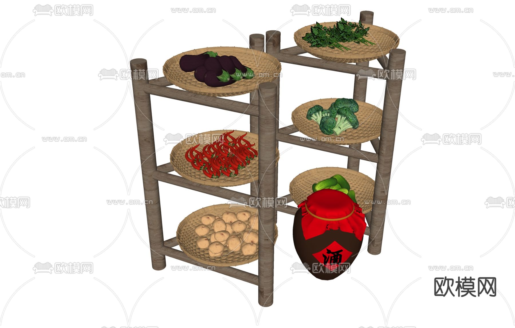 水果蔬菜 秋晒 卷心菜 茄子 置物架 酒坛su模型下载（渲染图1）