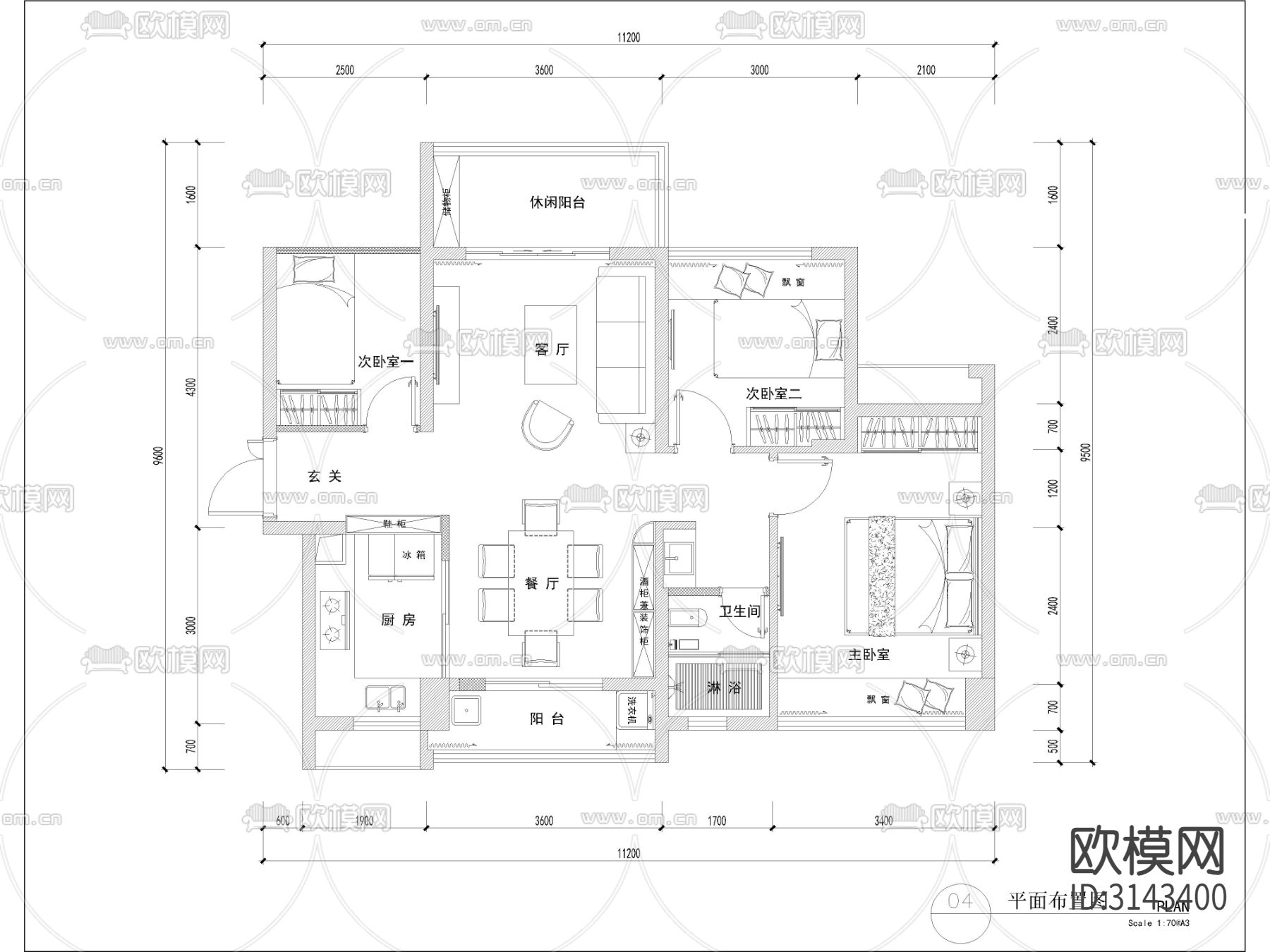 现代家装大平层样板间 平面布置图 水电路图cad施工图下载（渲染图1）