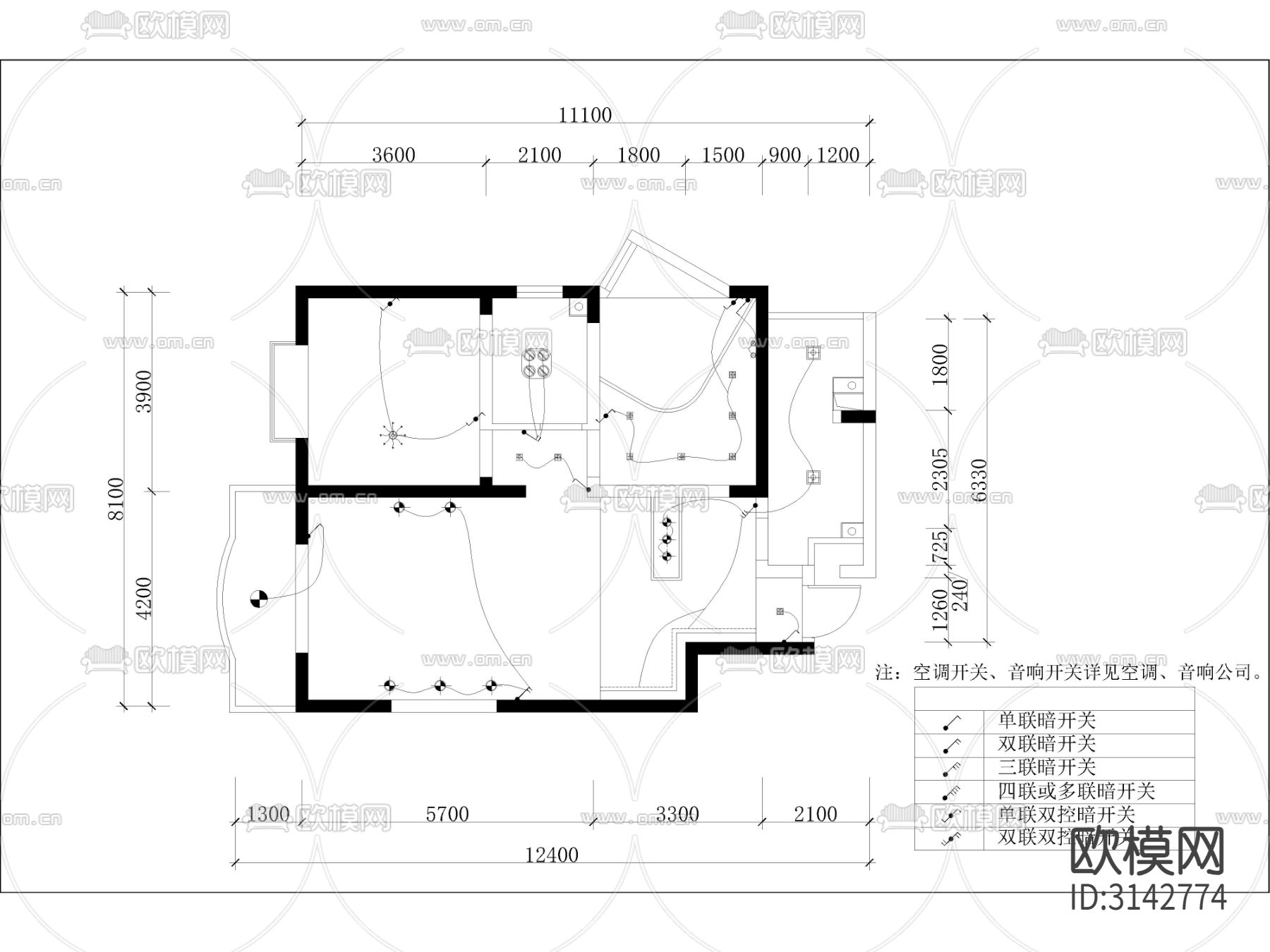 现代家装 大平层样板间cad施工图下载（渲染图3）