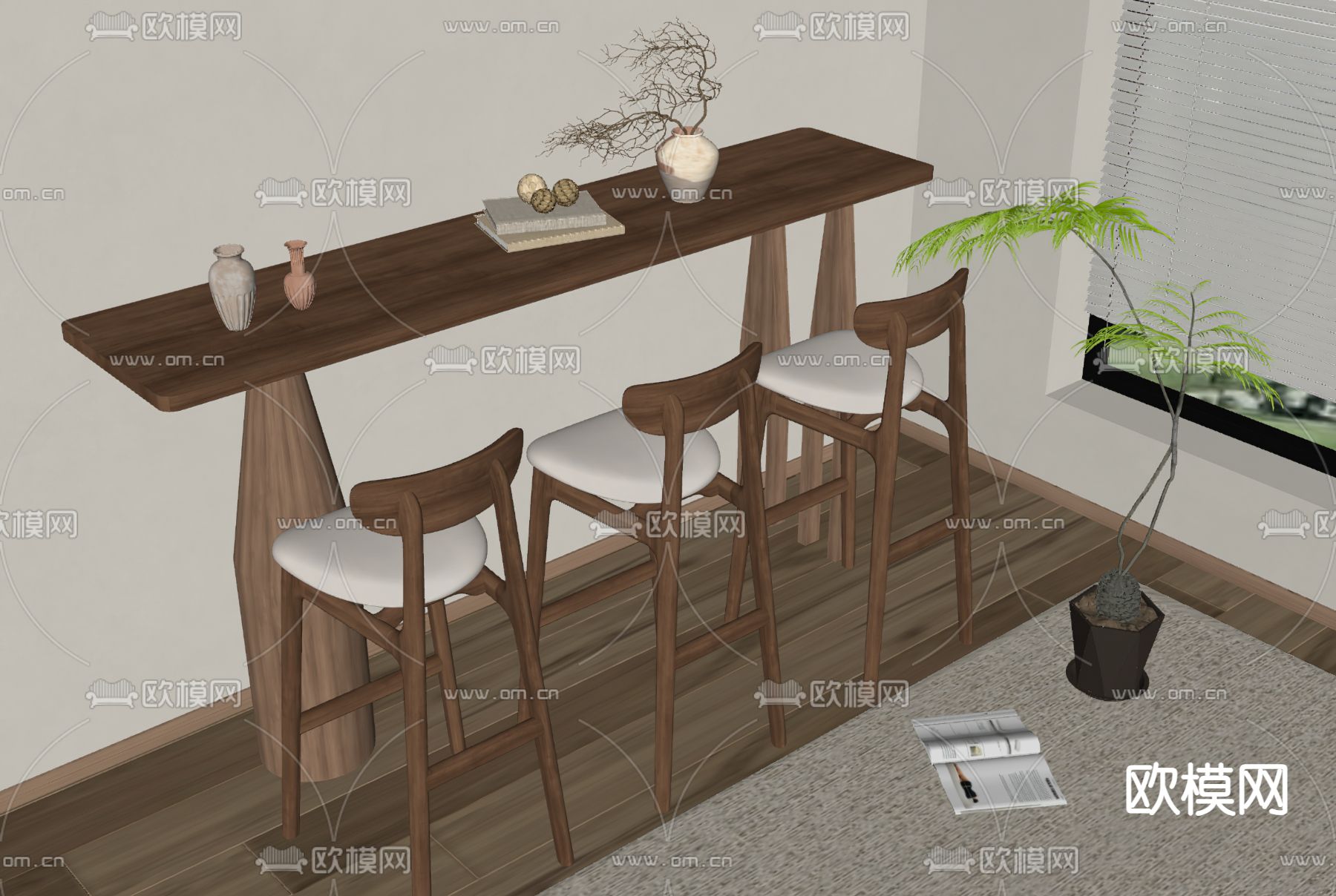 侘寂吧台吧椅su模型下载（渲染图2）