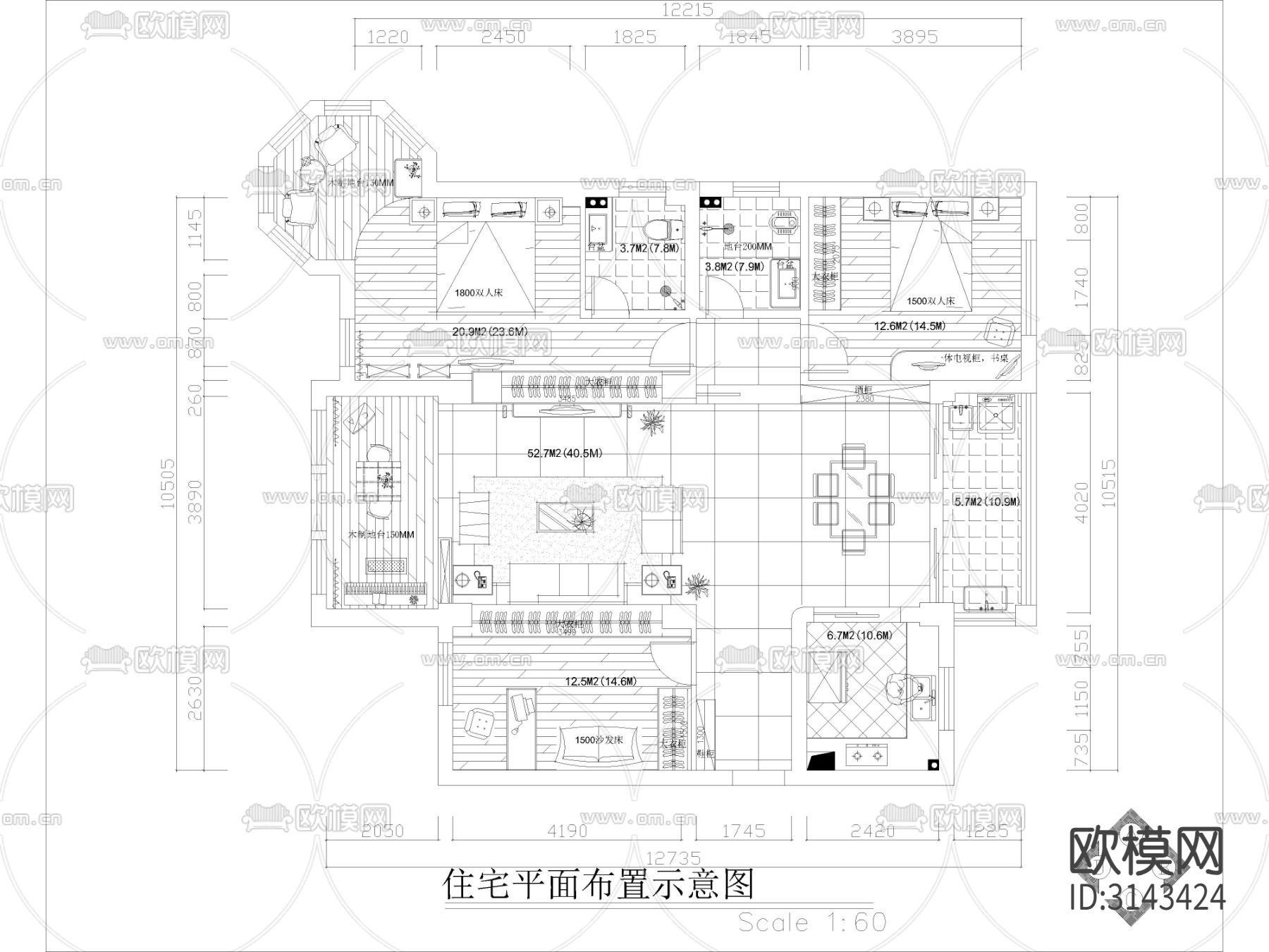 现代家装大平层样板间 平面布置图 水电路图cad施工图下载（渲染图1）