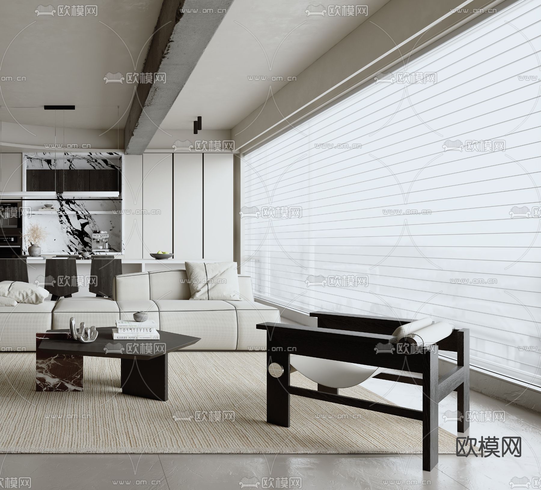 黑白灰客厅3d模型下载（渲染图2）