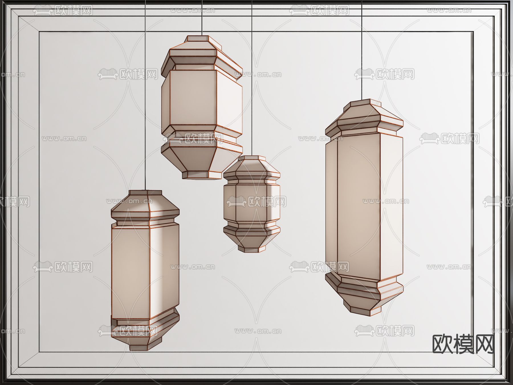 新中式六角灯笼 吊灯su模型下载（渲染图2）