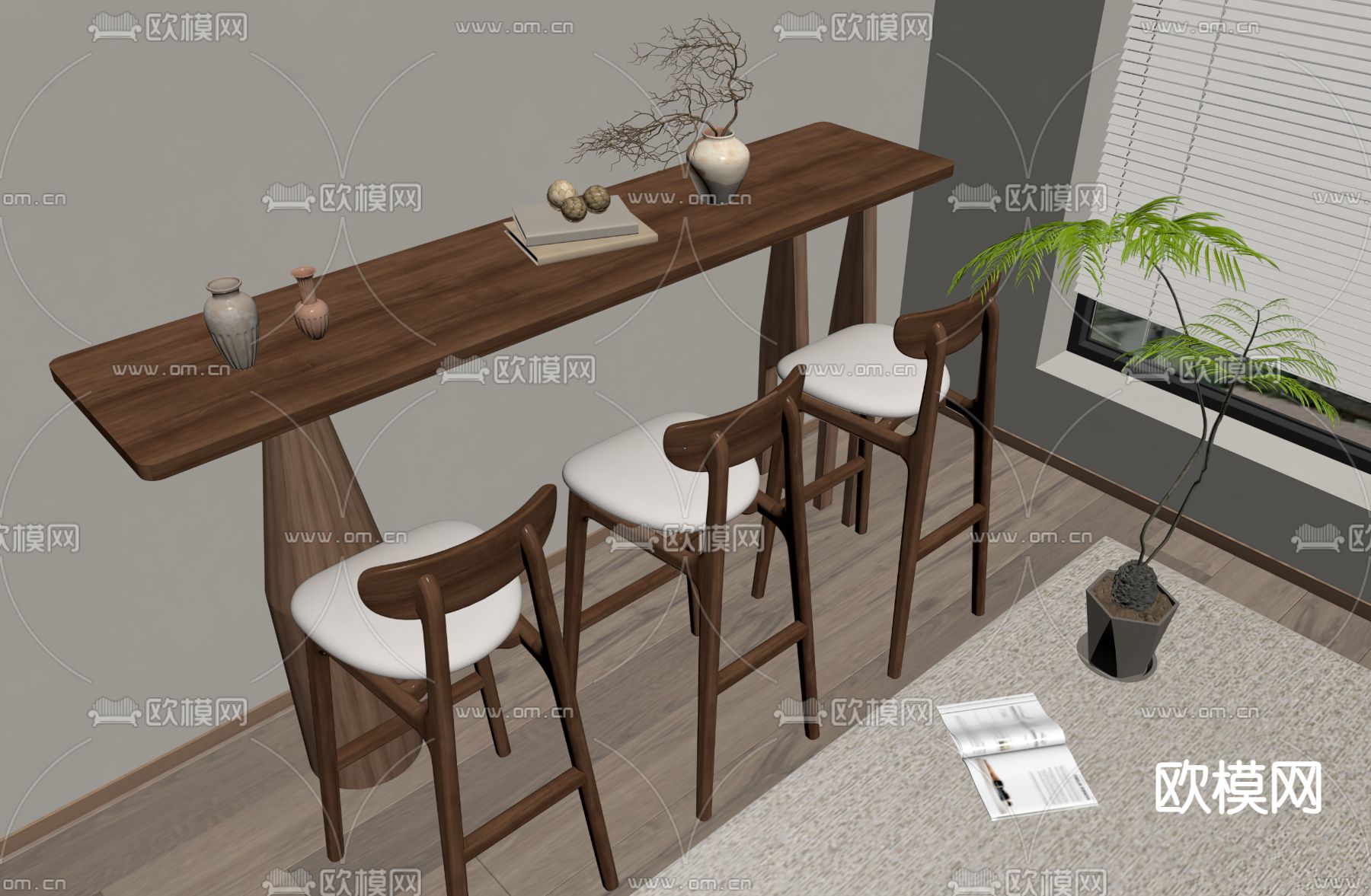侘寂吧台吧椅su模型下载（渲染图1）
