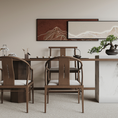 新中式茶桌椅su模型