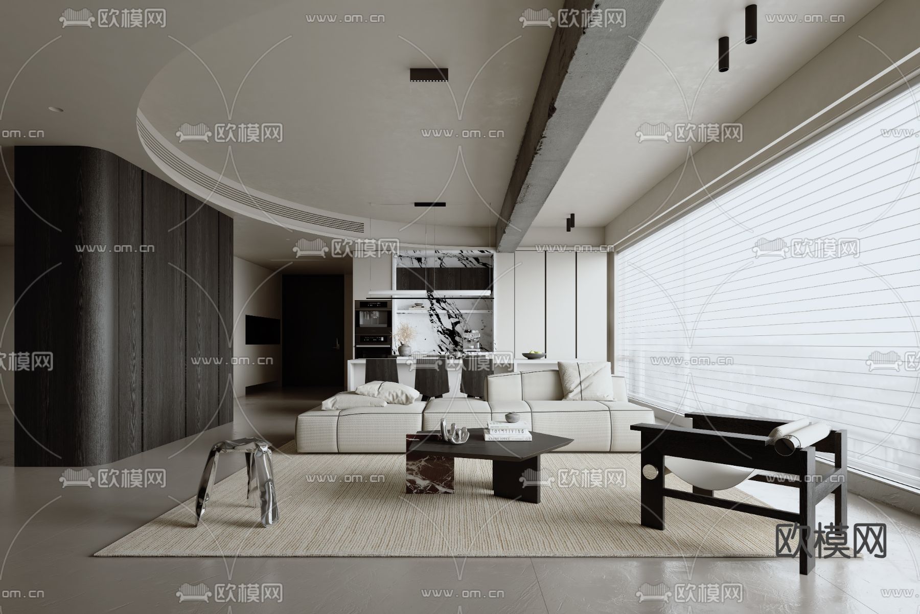 黑白灰客厅3d模型下载（渲染图1）