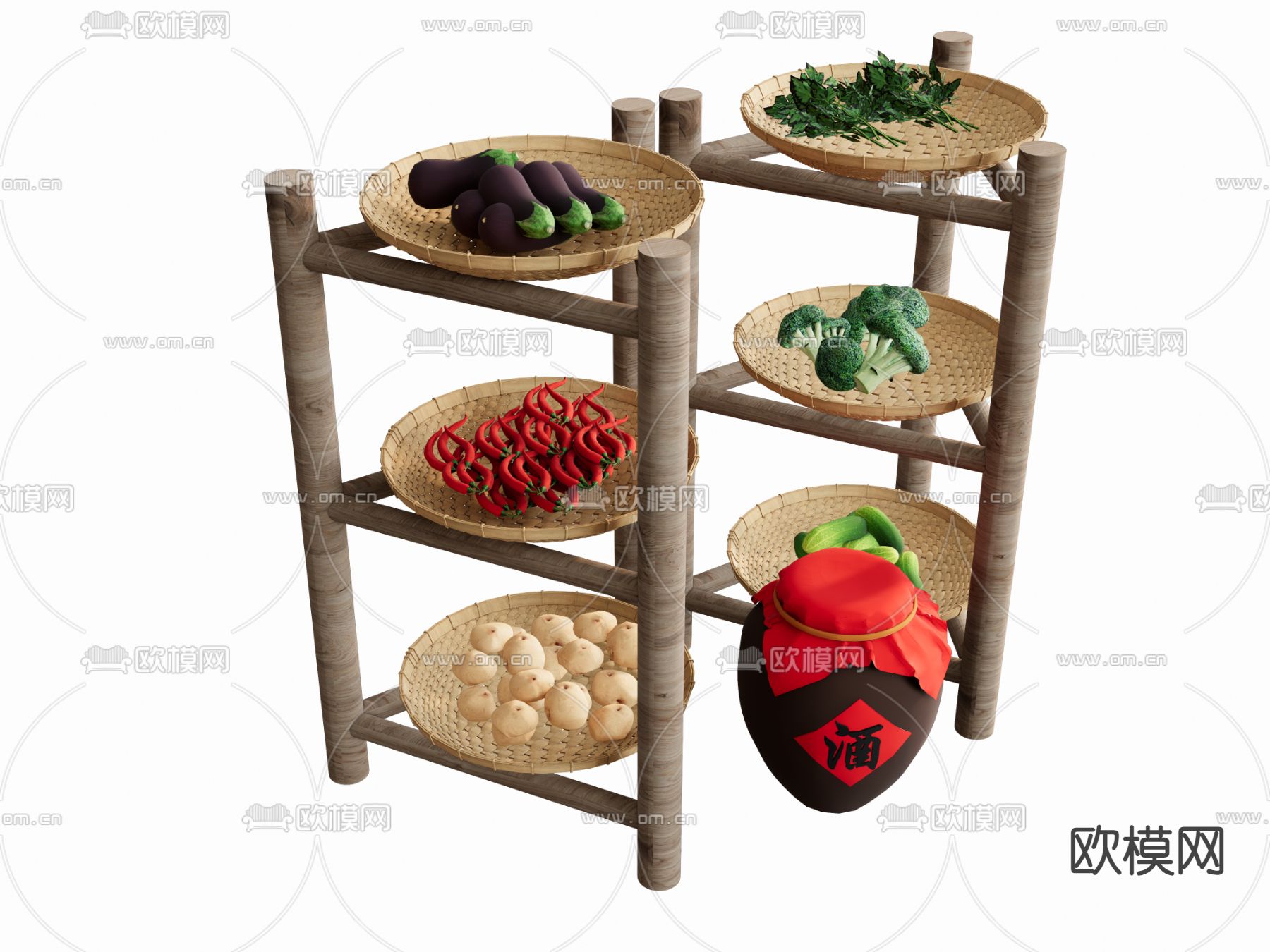 水果蔬菜 秋晒 卷心菜 茄子 置物架 酒坛su模型下载（渲染图2）