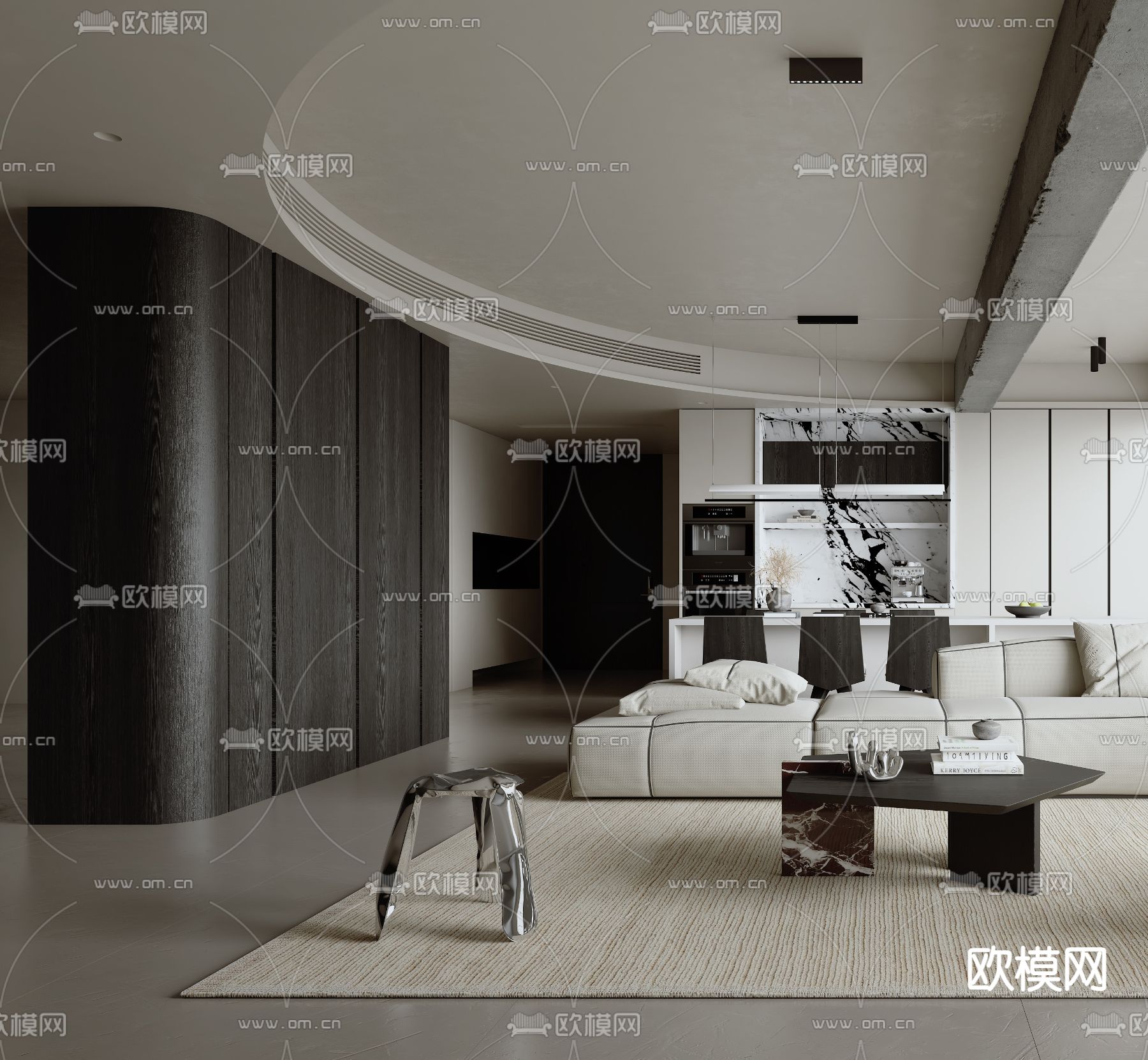黑白灰客厅3d模型下载（渲染图3）