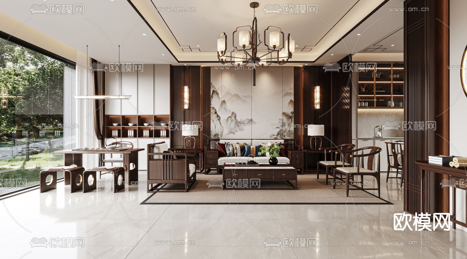 中式客餐厅3d模型下载（渲染图2）