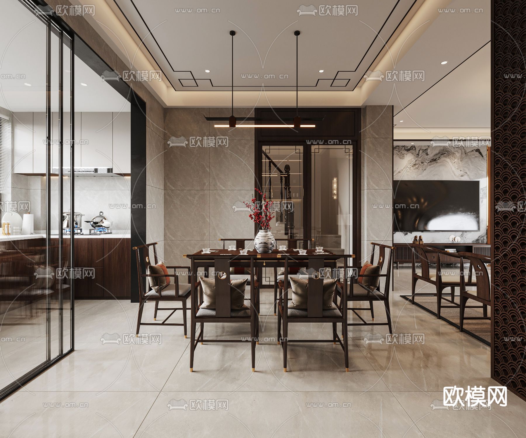 中式客餐厅3d模型下载（渲染图3）